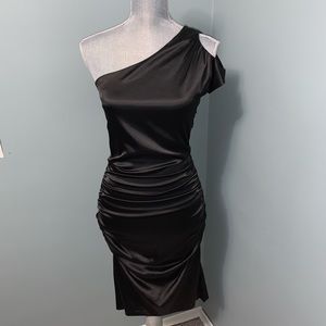 LE CHATEAU black ruched one shoulder cocktail dress wedding guest sz small prom